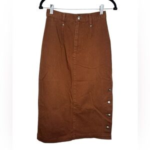 Roughrider Women’s Western Brown Cotton Denim Skirt Silver Buttons Size 7/8